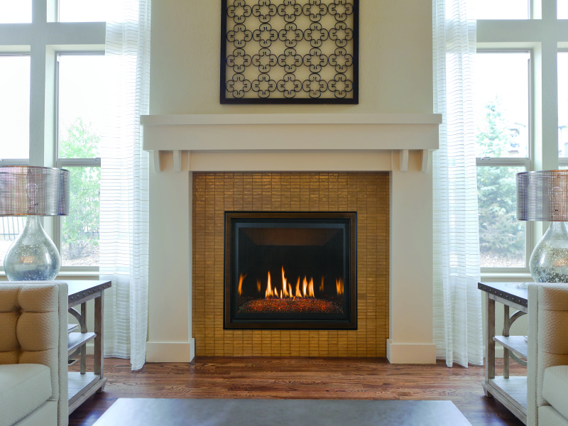 The Bayport 36 direct vent gas fireplace comes as a log set or a glass media set