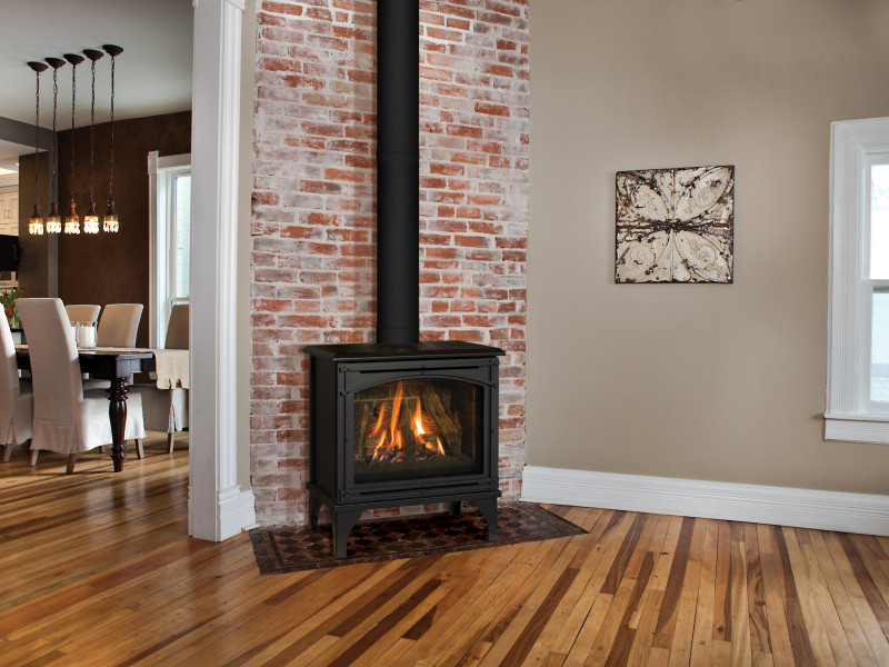 The Birchwood free-standing gas fireplace provides the detailing of a wood burning stove but offers the convenience of gas — available in contemporarily styled bases
